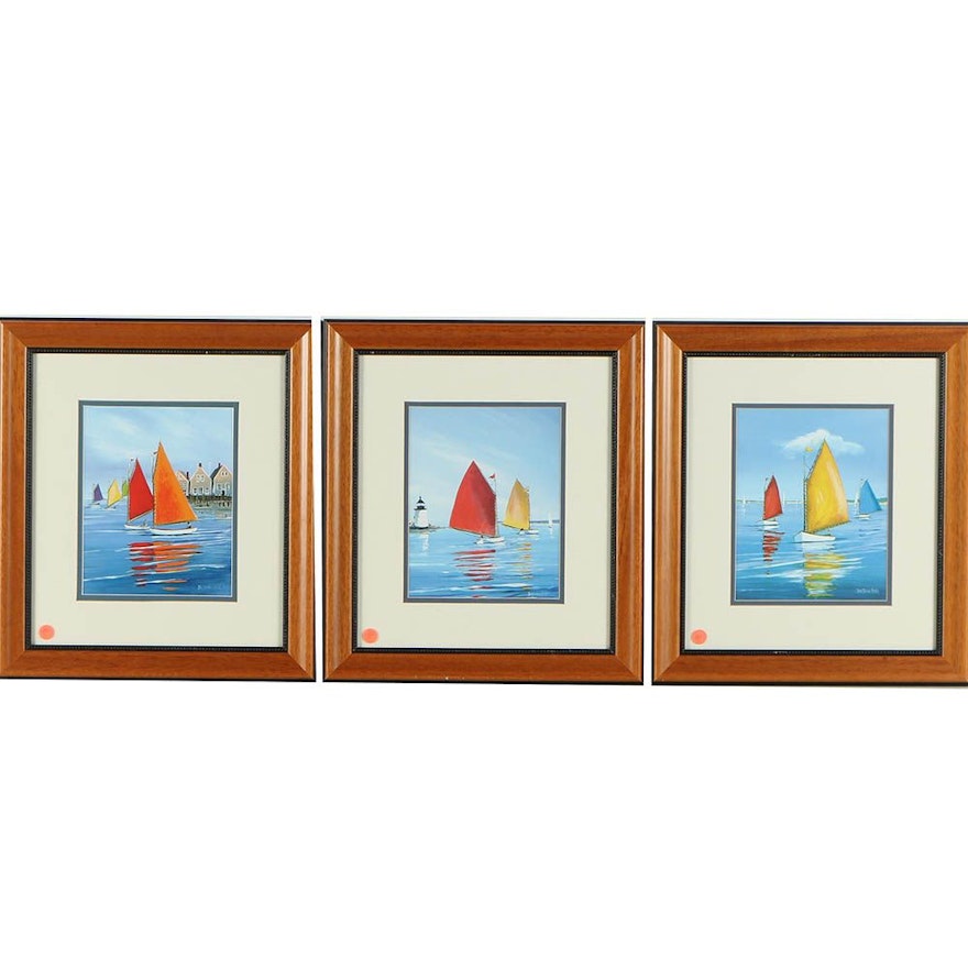 Trio of After Sally Caldwell Fisher Giclee Prints of Sailboats