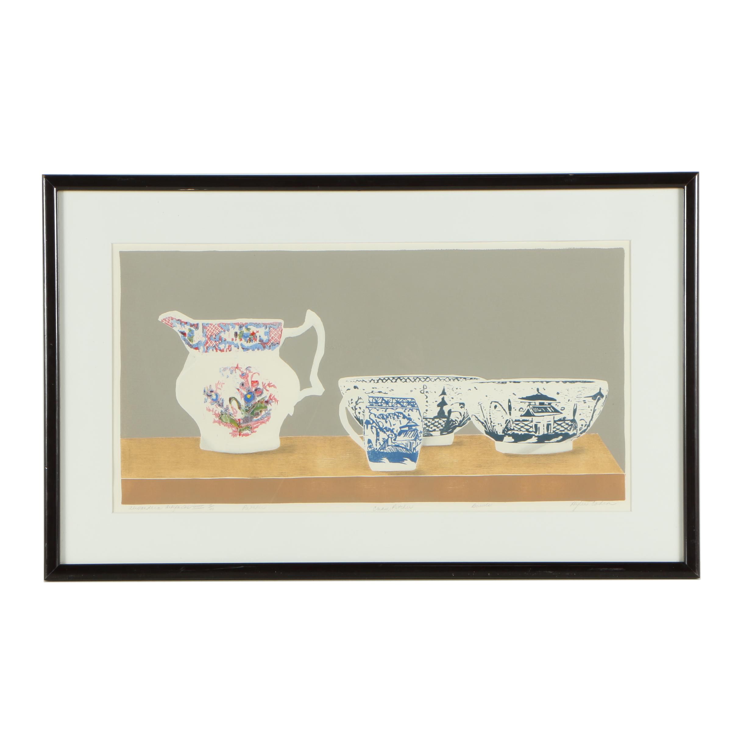 Phyllis Cohen Woodcut Print "Pitcher, Cream Pitcher, Bowls"