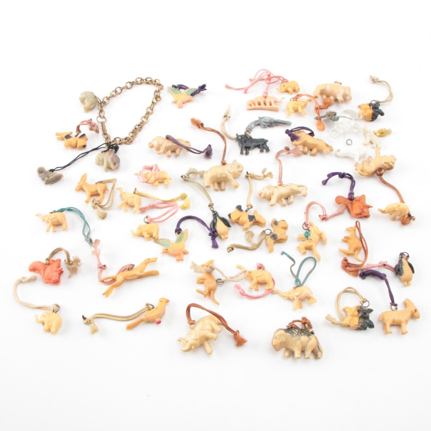 Vintage Group of Celluoid and Plastic Figural Charms and Bracelet