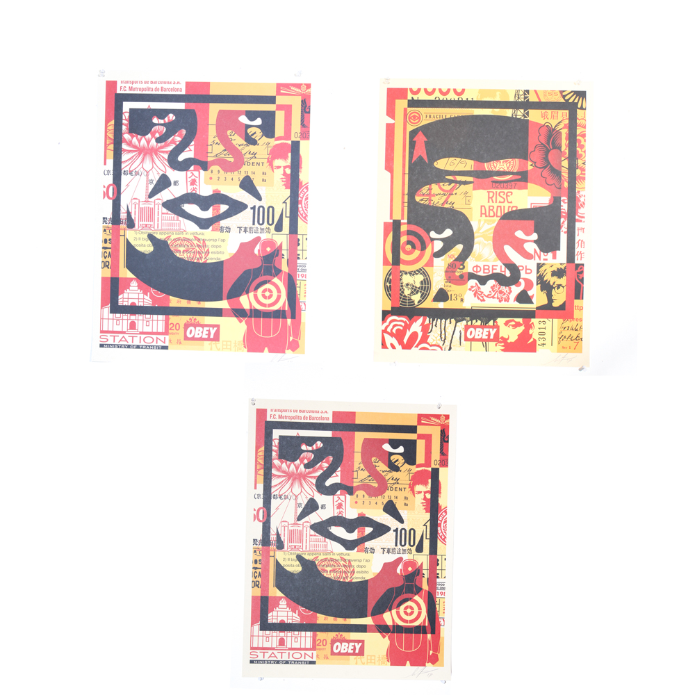 Shepard Fairey Signed 2018 "3 Face Collage" Offset Triptych