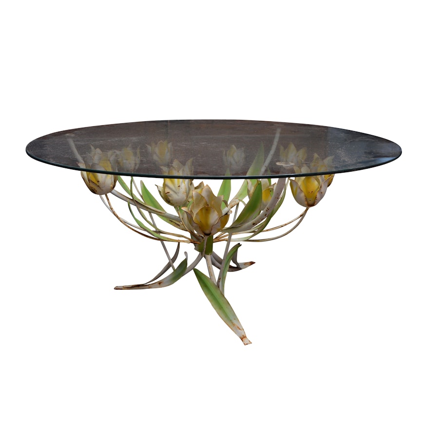 Hollywood Regency Cocktail Table with Painted Flower Base