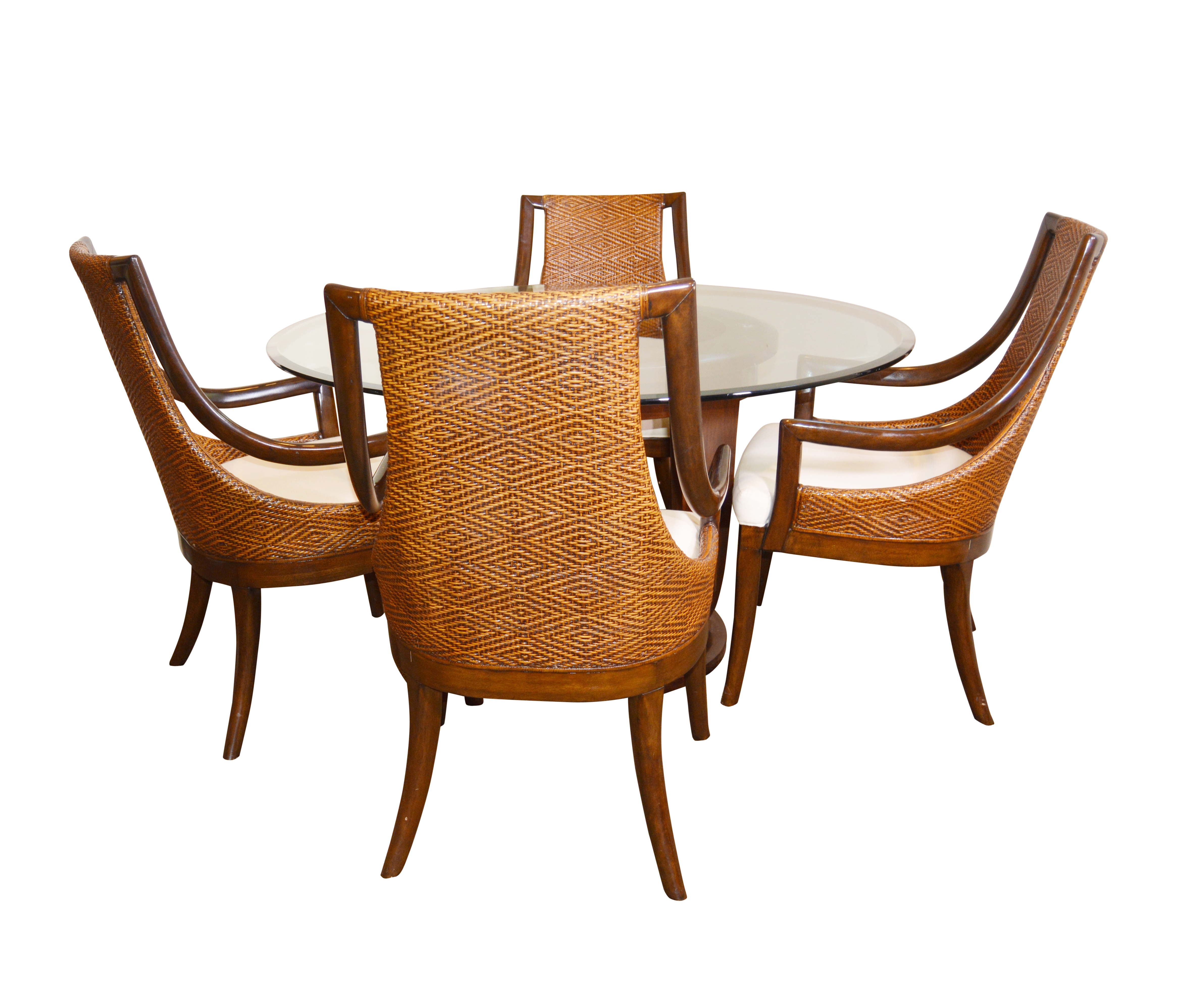 Contemporary Glass Top Round Table and Wicker Upholstered Armchairs