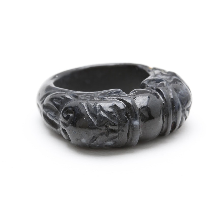 Carved Black Jadeite Dragon Ring