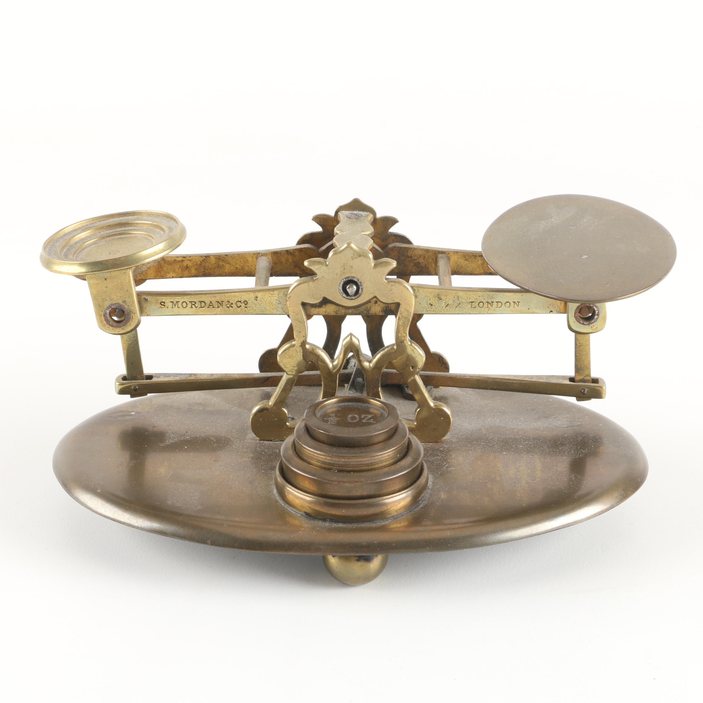 Antique English Brass S. Mordan & Co. Postal Scale with Weights