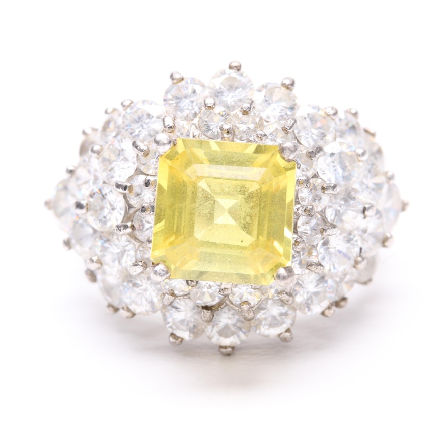 Sterling Silver Synthetic Yellow Sapphire and Cubic Zirconia Ring