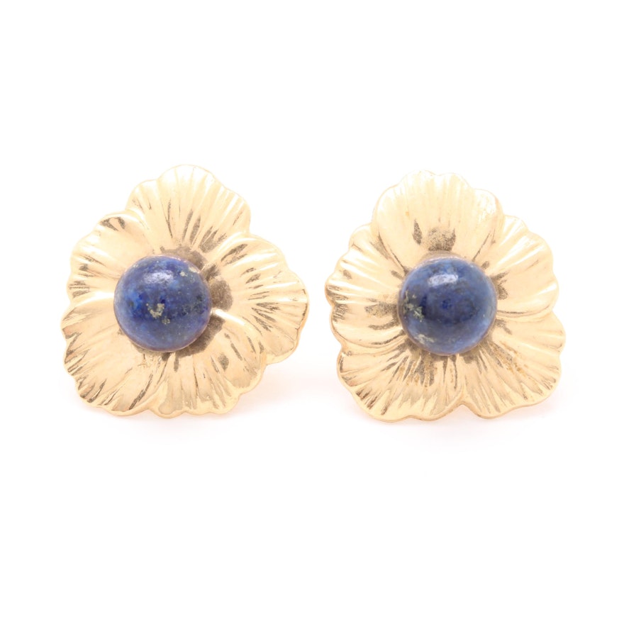 14K Yellow Gold Lapis Lazuli Earrings with Flower Earring Jackets