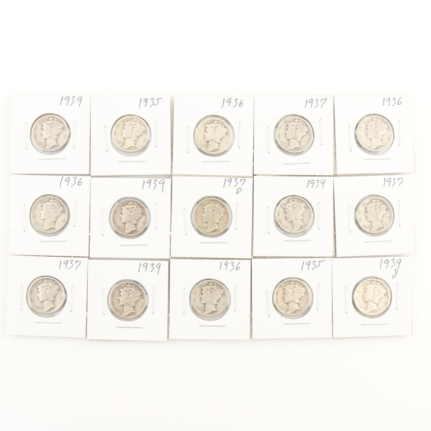 Group of Fifteen Mercury Silver Dimes
