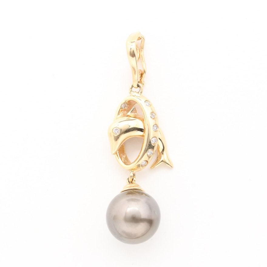 14K Yellow Gold Cultured Pearl and Diamond Dolphin Dangle Pendant