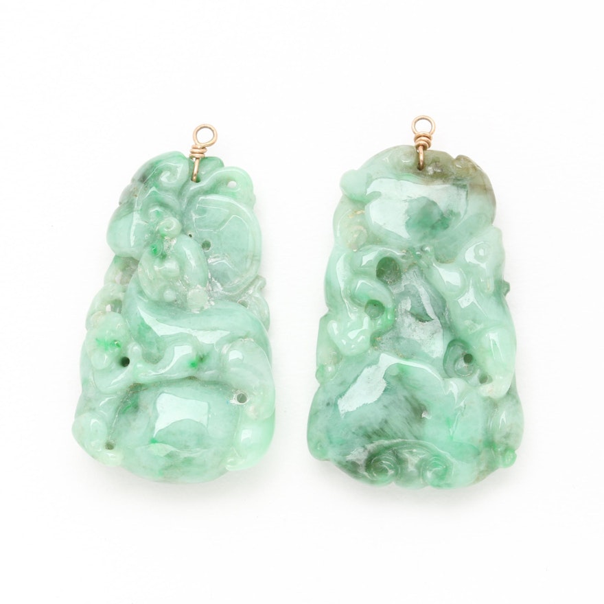 14K Yellow Gold Carved Jadeite Earring Jackets