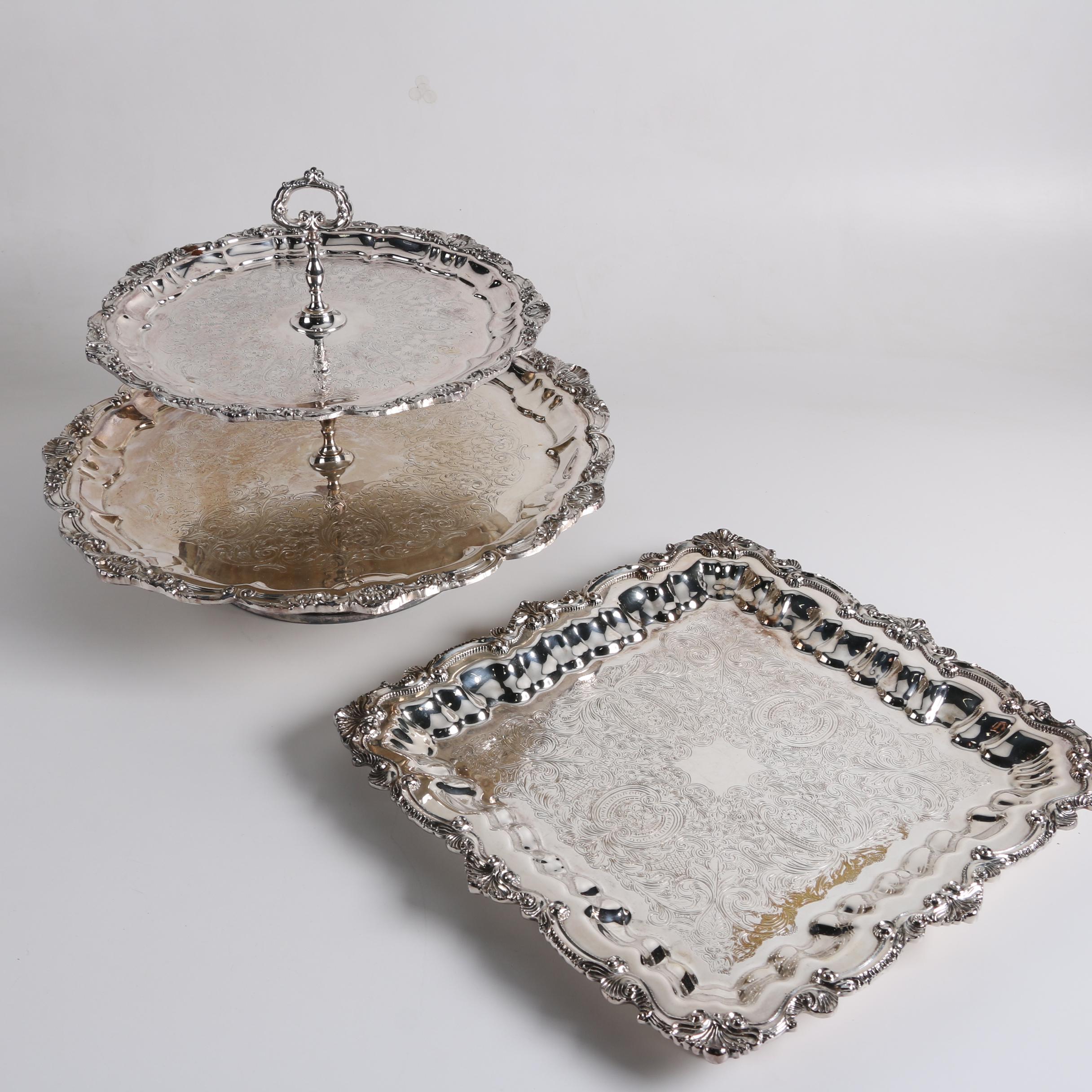 Wallace Silver Plate Serving Tray with Two-Tiered Silver Plate Dessert Stand