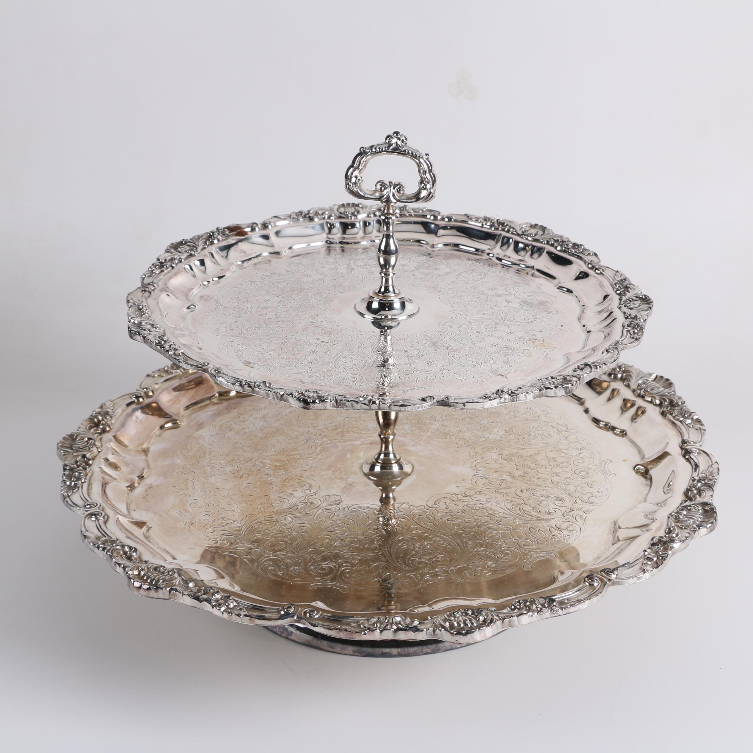 Wallace Silver Plate Serving Tray with Two-Tiered Silver Plate Dessert Stand