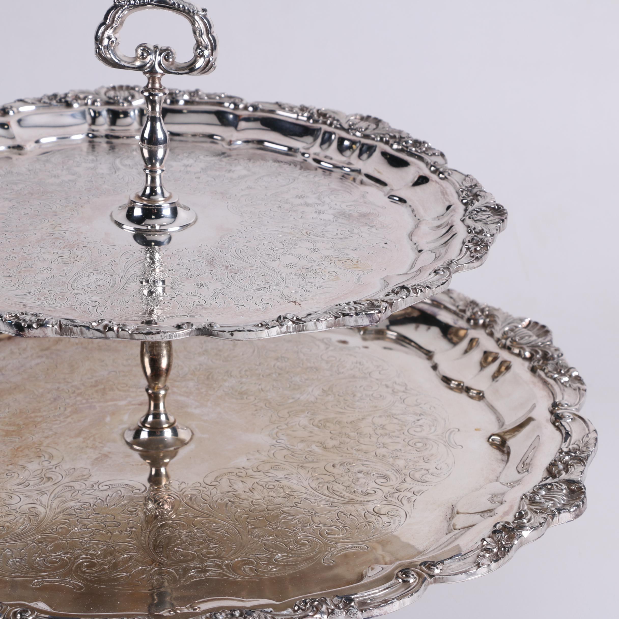 Wallace Silver Plate Serving Tray with Two-Tiered Silver Plate Dessert Stand