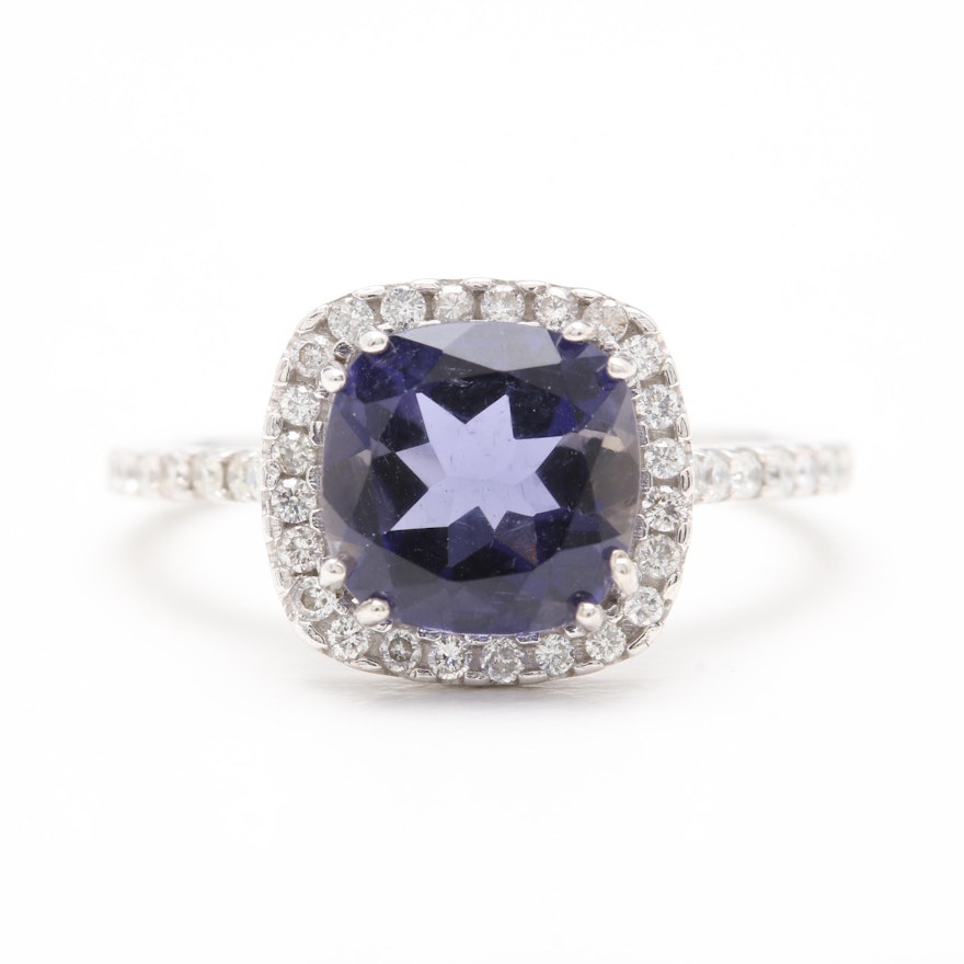 14K White Gold Iolite and Diamond Mexican Ring