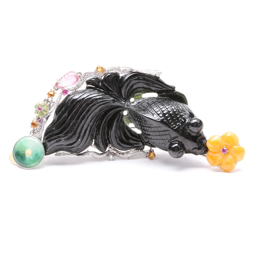 14K White Gold Carved Black Goldfish Nephrite and Gemstone Brooch