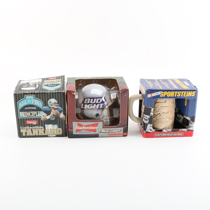 NFL and NASCAR Tankards with Bud Light Coin Bank