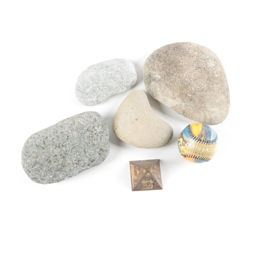 Rock Specimens, Baseball and Pyramid Paperweight