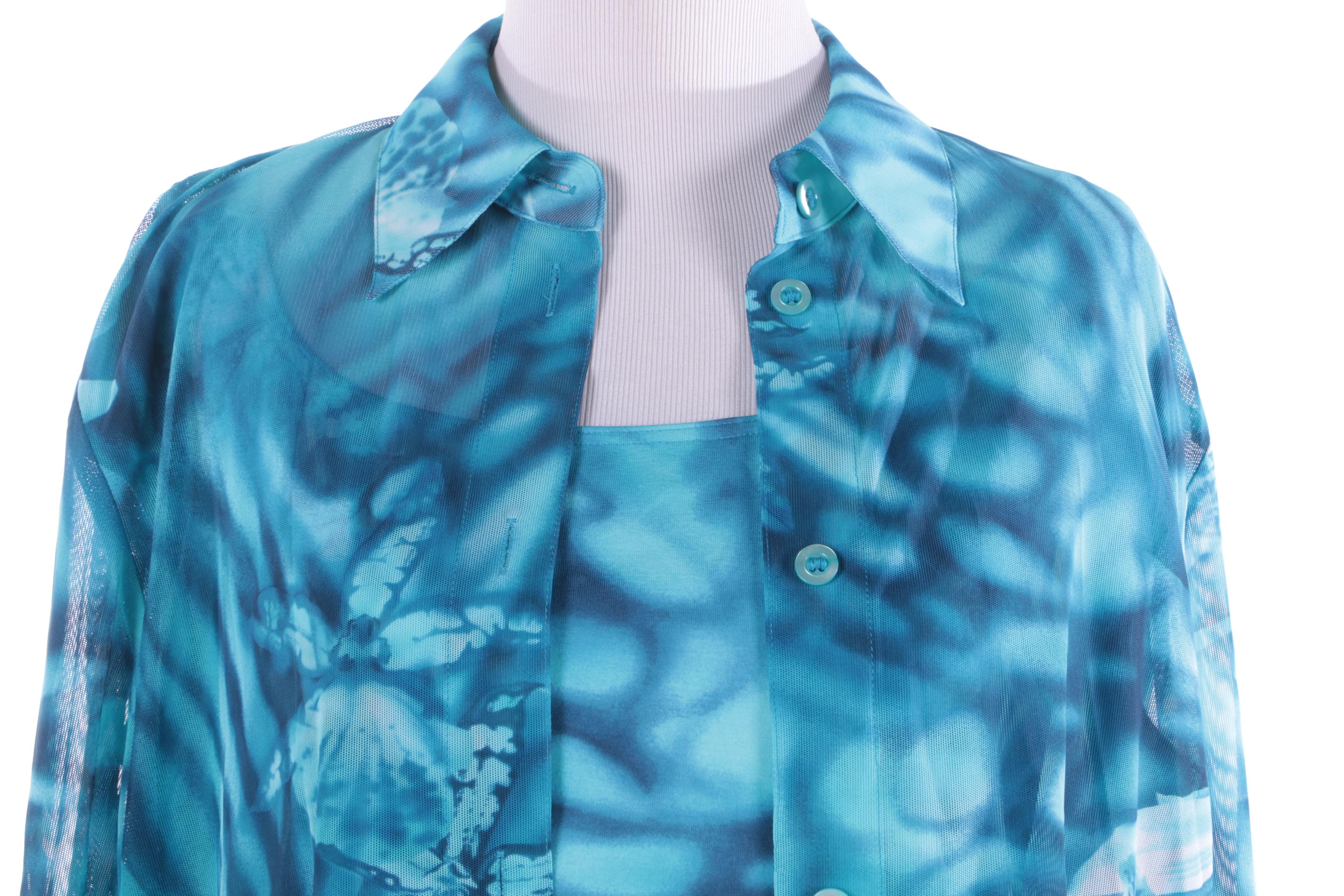 Women's Escada Blue Printed Button-Front Shirt with Matching Tank Top