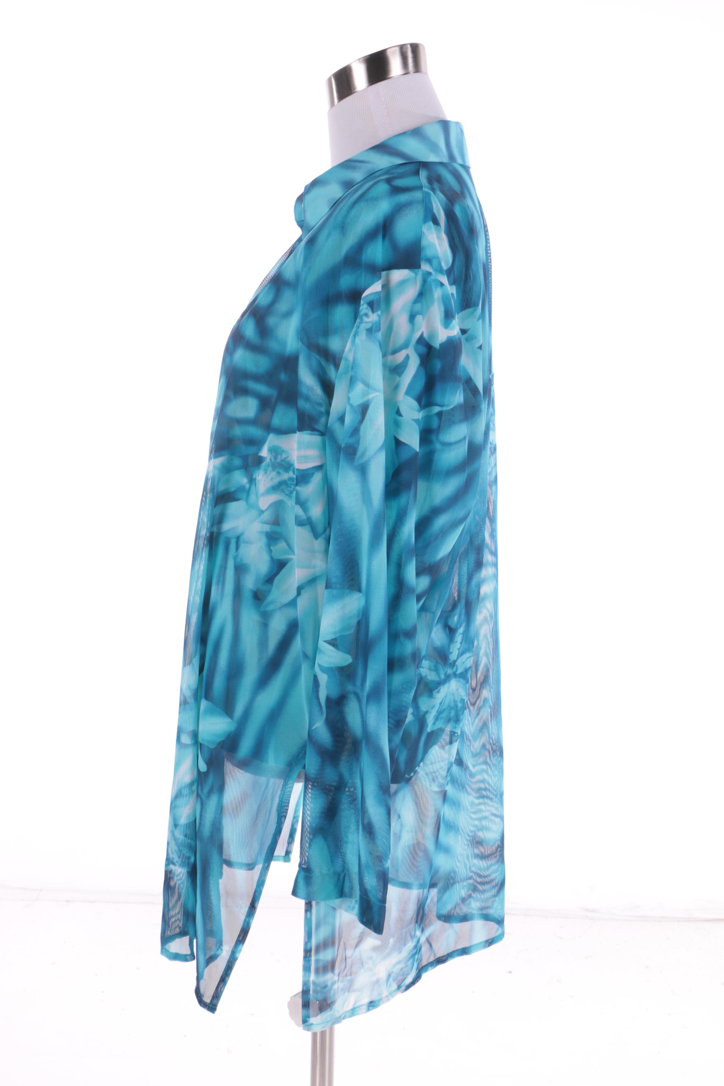 Women's Escada Blue Printed Button-Front Shirt with Matching Tank Top