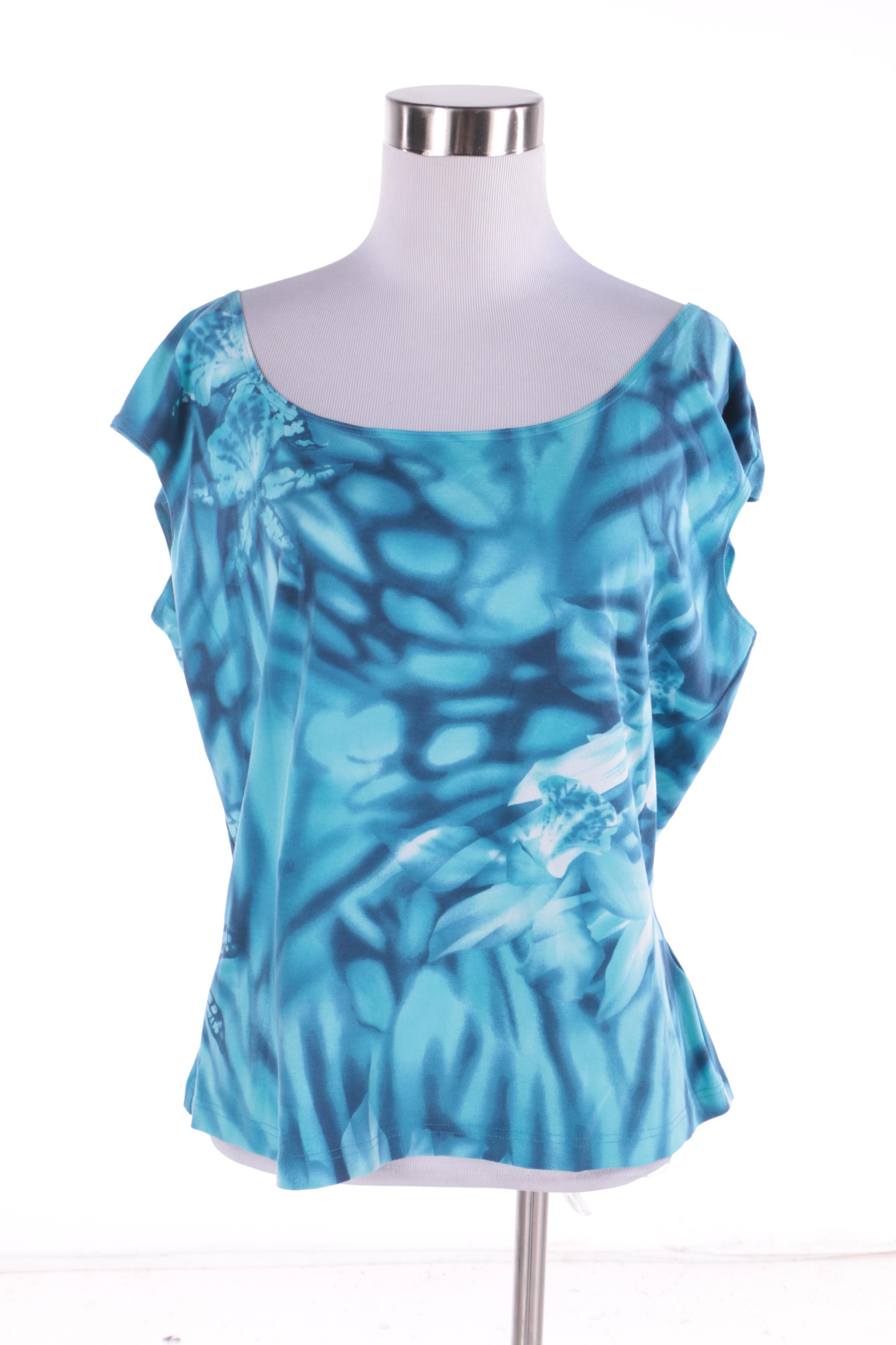 Women's Escada Blue Printed Button-Front Shirt with Matching Tank Top