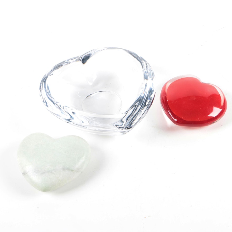 Decorative Marble and Glass Heart Shaped Paperweights Featuring Orrefors