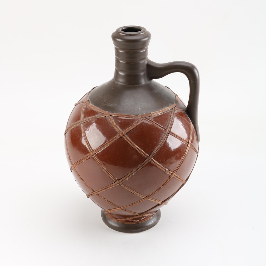 Large Wheel Thrown Stoneware Jug with Wrapped Rattan