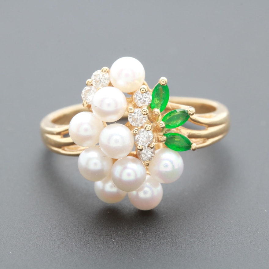 14K Yellow Gold Cultured Pearl, Emerald, and Diamond Ring