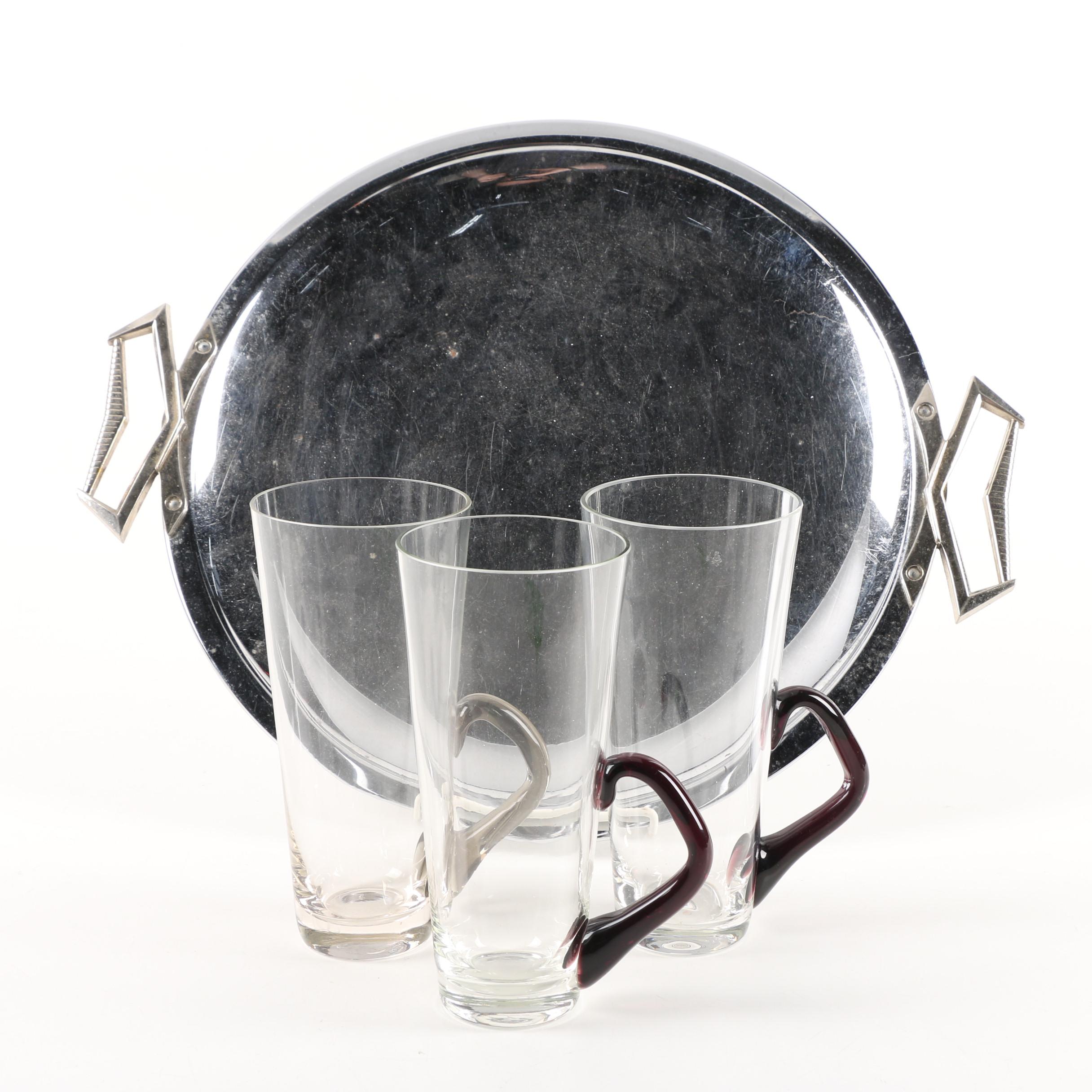 Mid-Century Kromex Tray with Blown Glass Tumblers