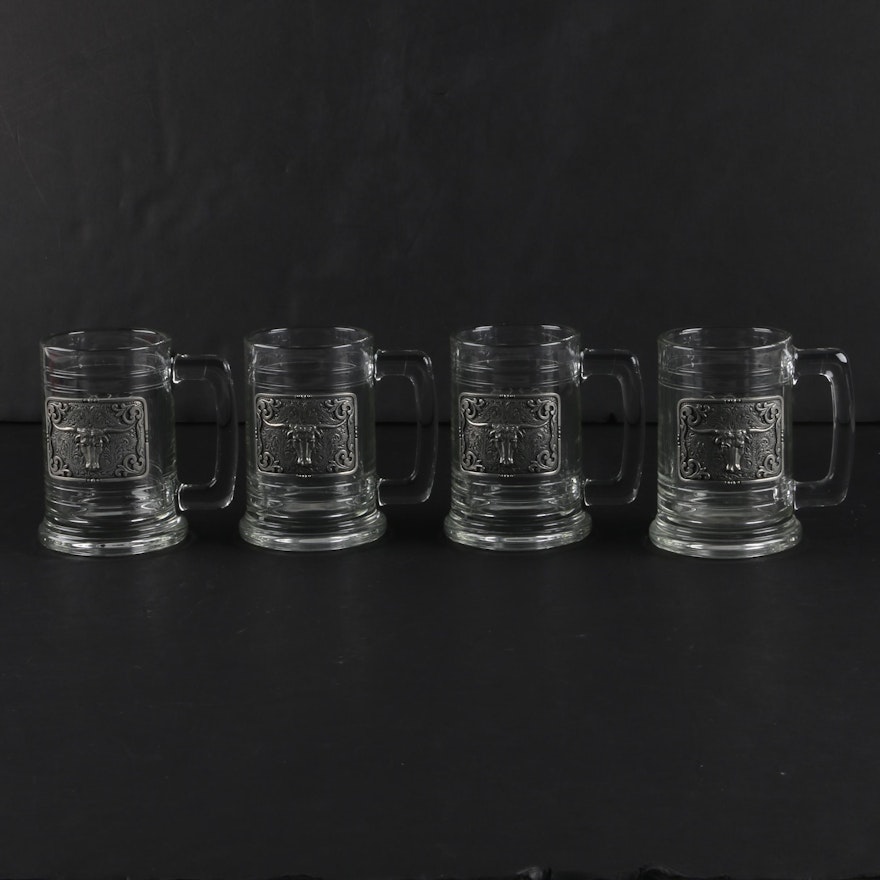 Glass Beer Mugs with Pewter Bull Panels