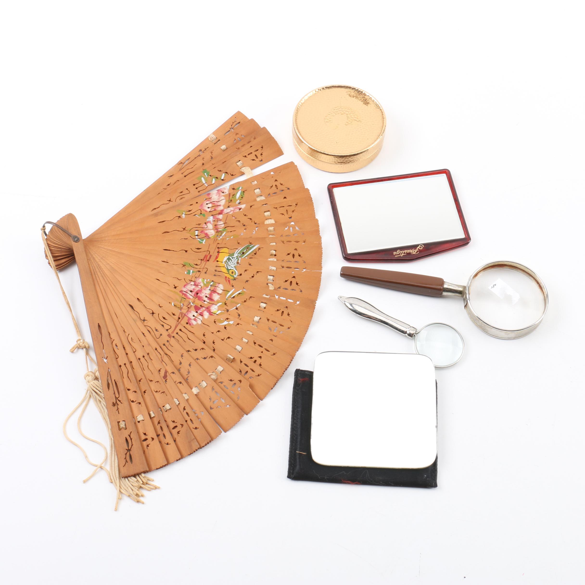 Vintage Vanity Items Including Napier Box, Painted Bird Fan, Mirrors