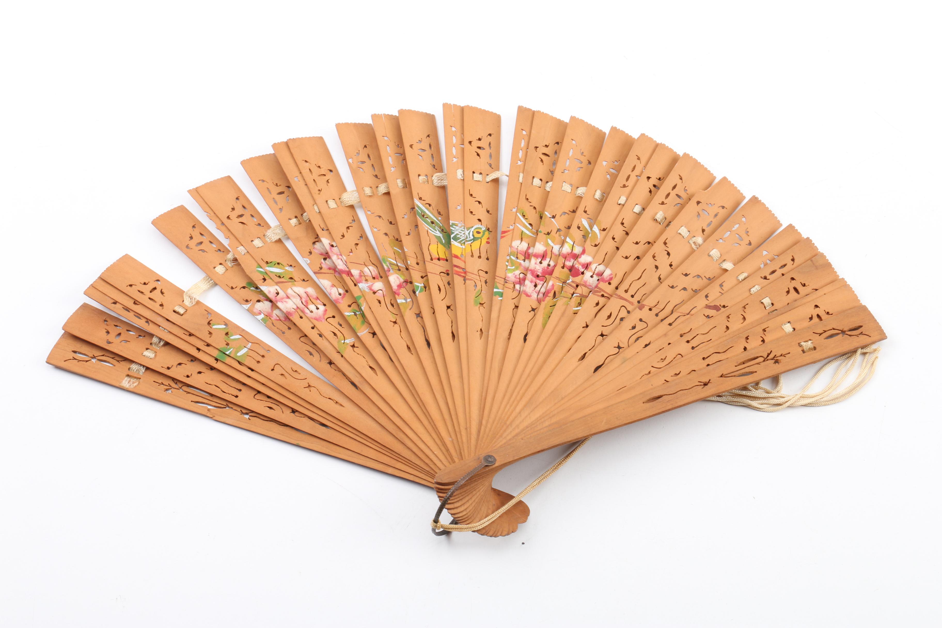 Vintage Vanity Items Including Napier Box, Painted Bird Fan, Mirrors