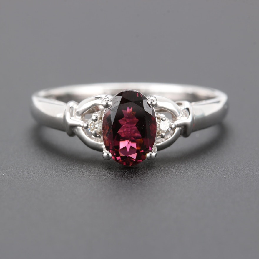 14K White Gold Rhodolite Garnet and Diamond Ring