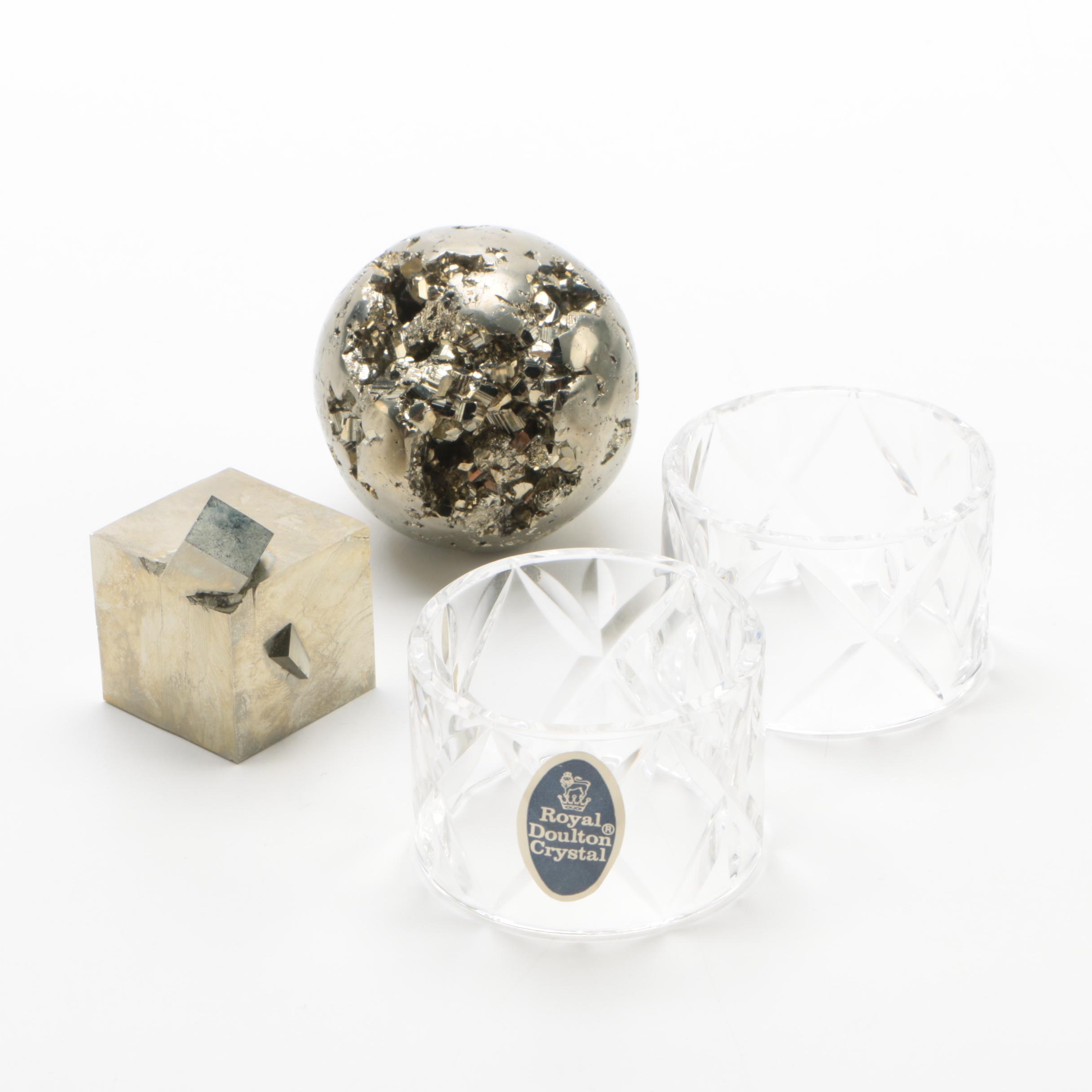 Royal Doulton Crystal Napkin Rings with Pyrite Sphere and Cube
