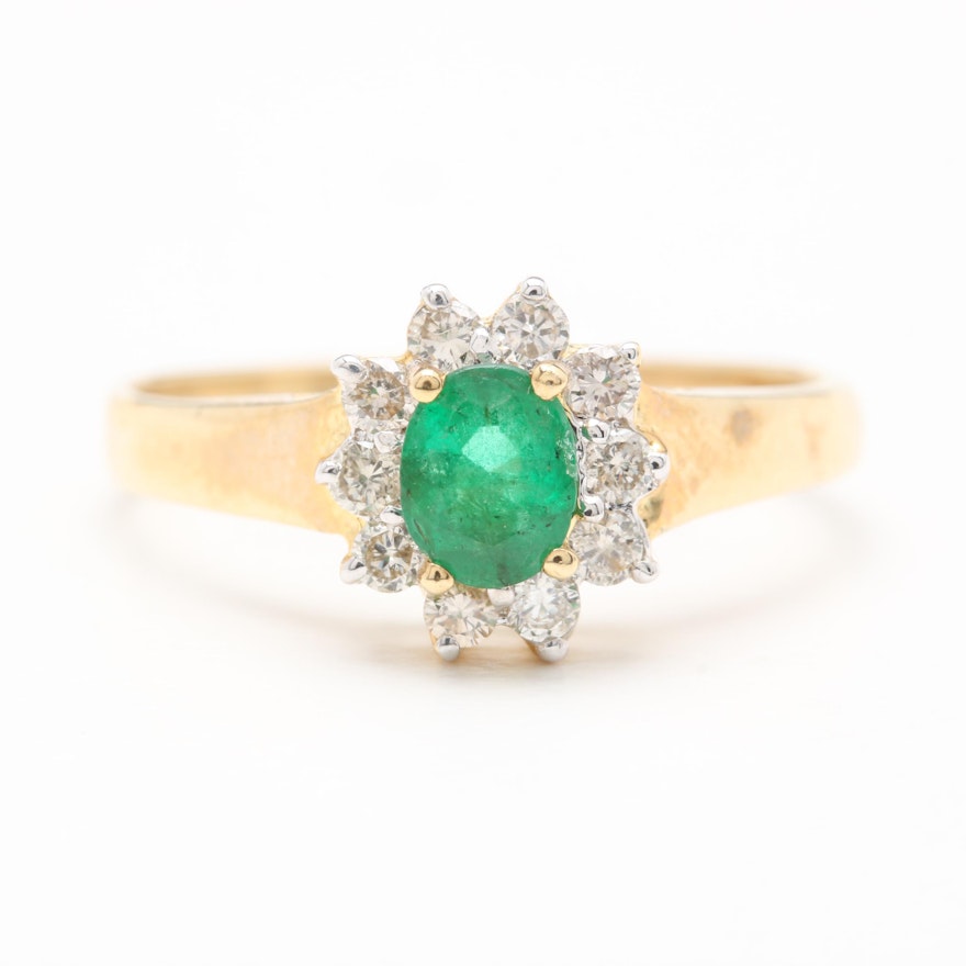 14K Yellow Gold Emerald and Diamond Ring