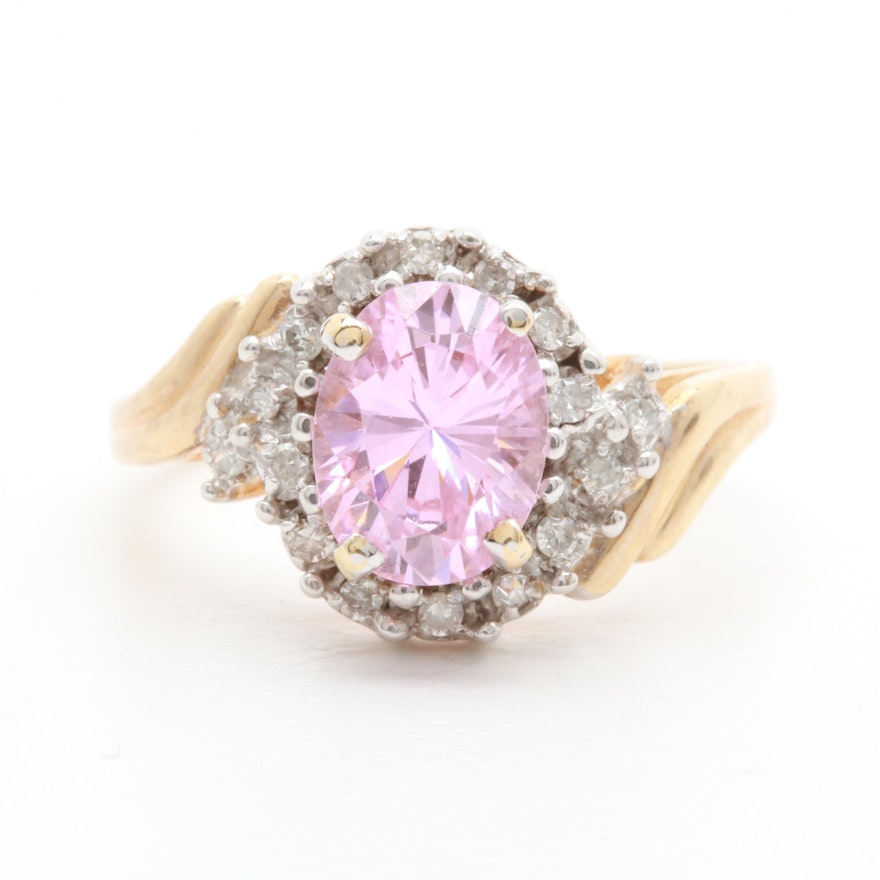10K Yellow Gold Pink Cubic Zirconia and Diamond Ring
