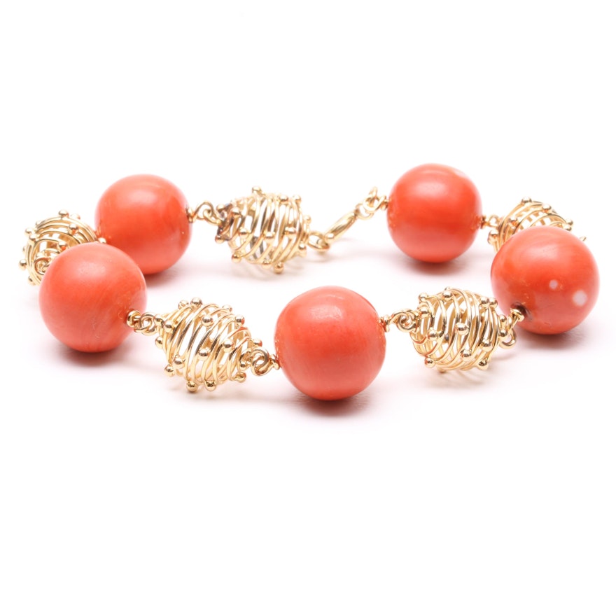 Vintage Austrian 18K Yellow Gold Coral Bracelet with 14K Findings