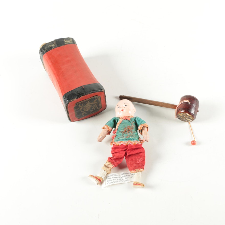 1920s Chinese Souvenir Doll, Pillow and Game