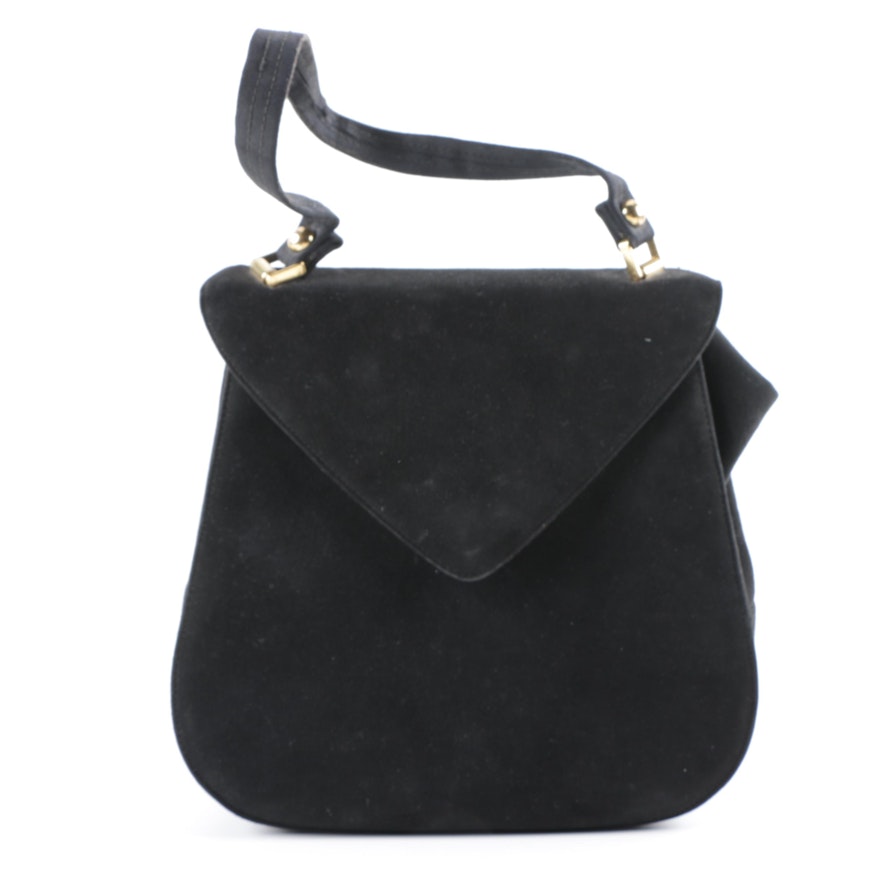 Vintage Lennox Black Suede Handbag with Fabric Strap and Satin Lining