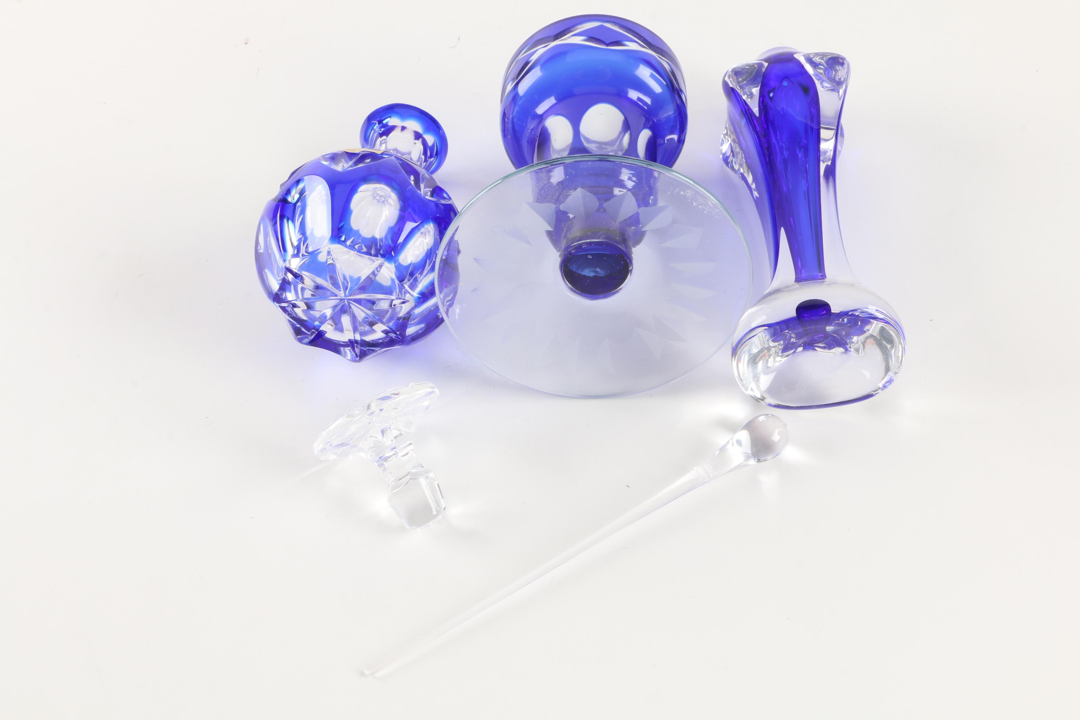 Cobalt Cut to Clear Crystal Caesar Perfume Bottle and Signed Blown Glass Bottles