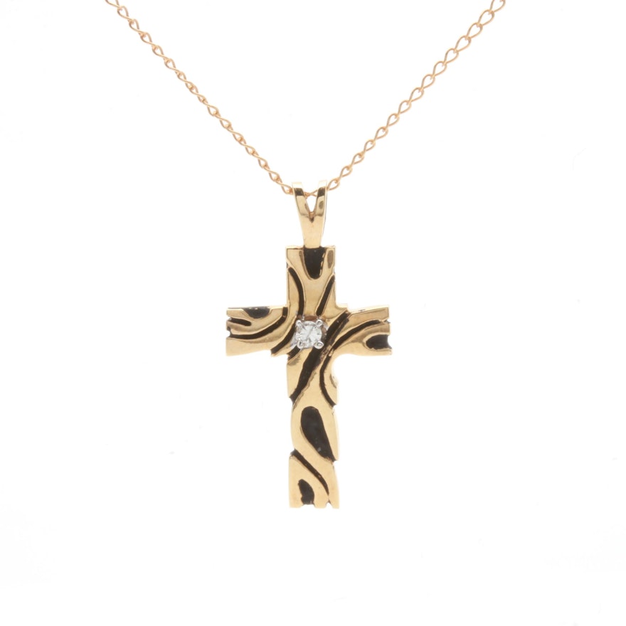 14K Yellow Gold Diamond Cross Pendant Necklace