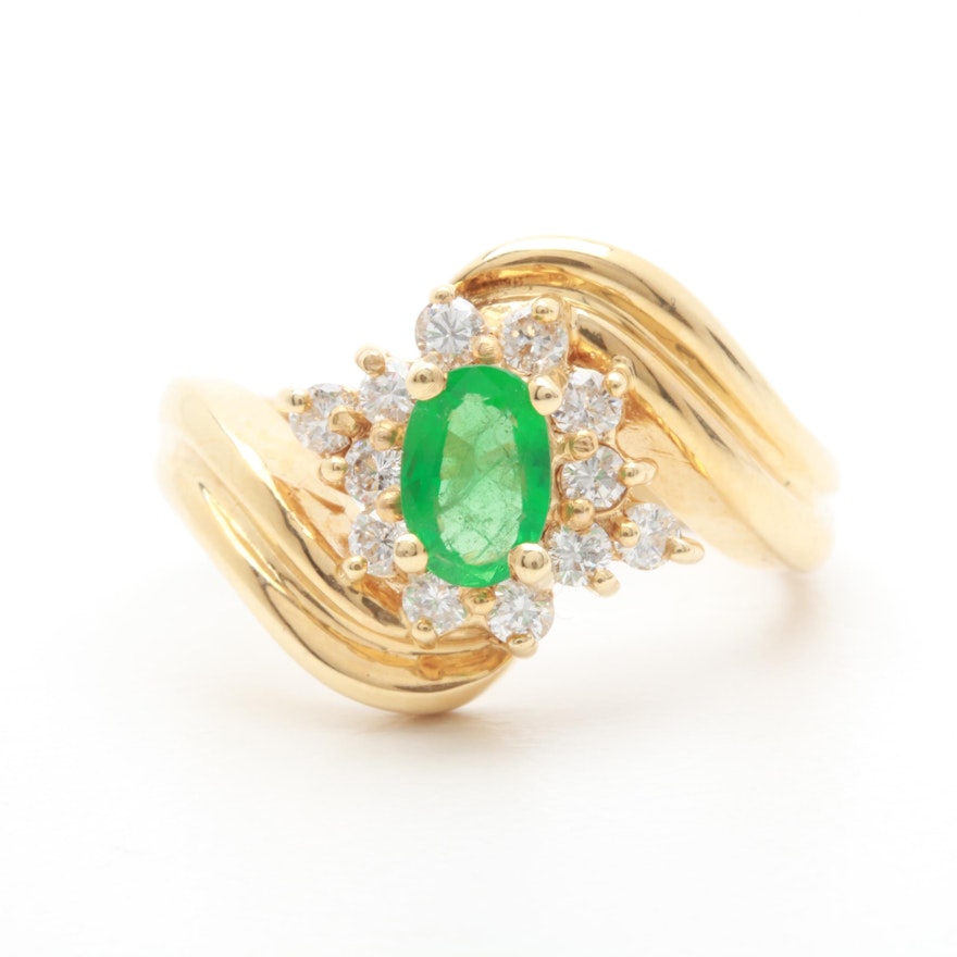 14K Yellow gold Emerald and Diamond Ring