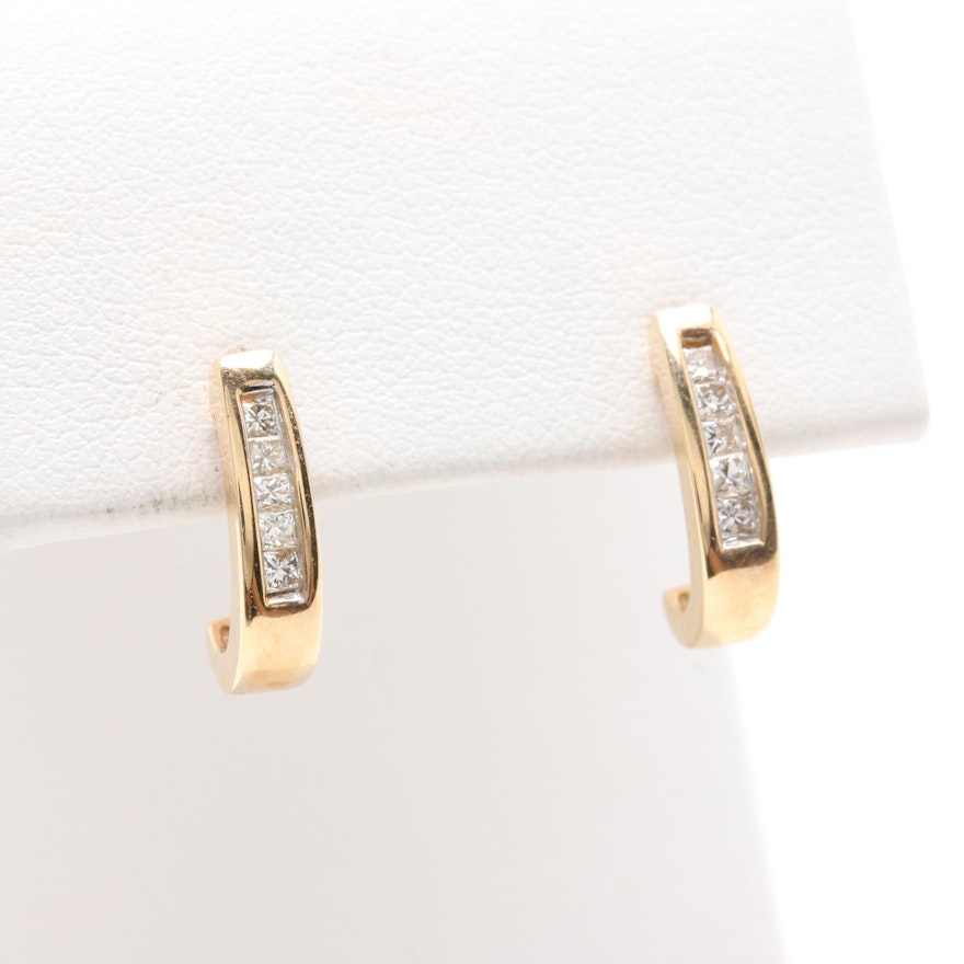 14K Yellow Gold Diamond J-Hoop Earrings