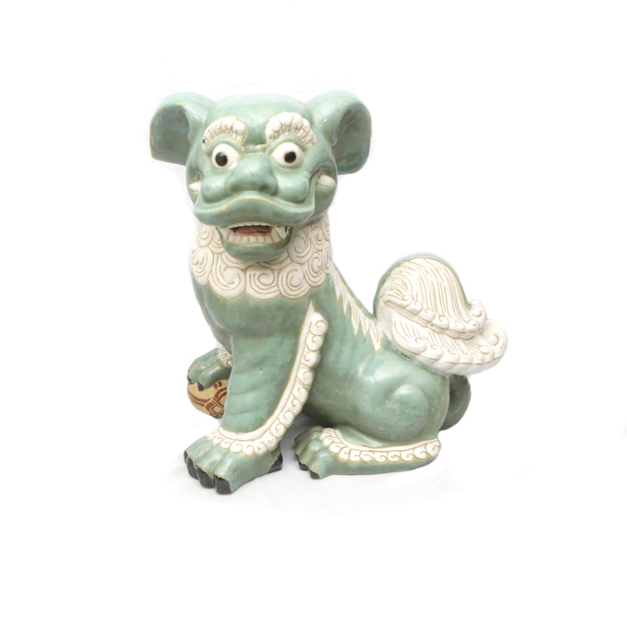 Chinese Green and White Ceramic Guardian Lion