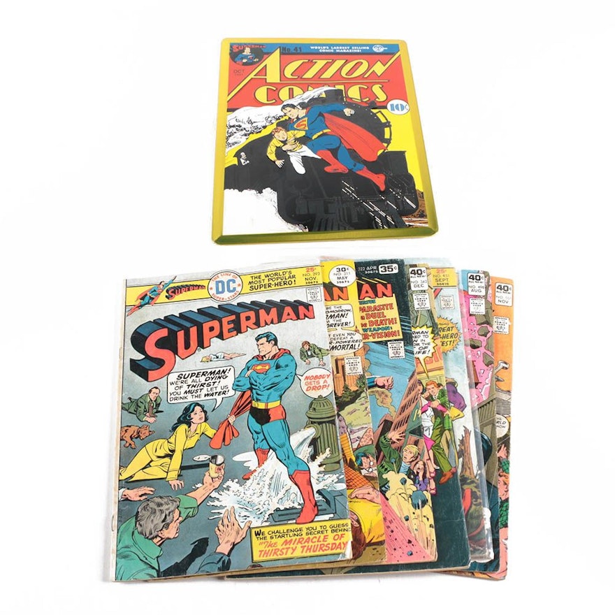 Bronze Age Superman Comics and Metal Display of "Action Comics" #41