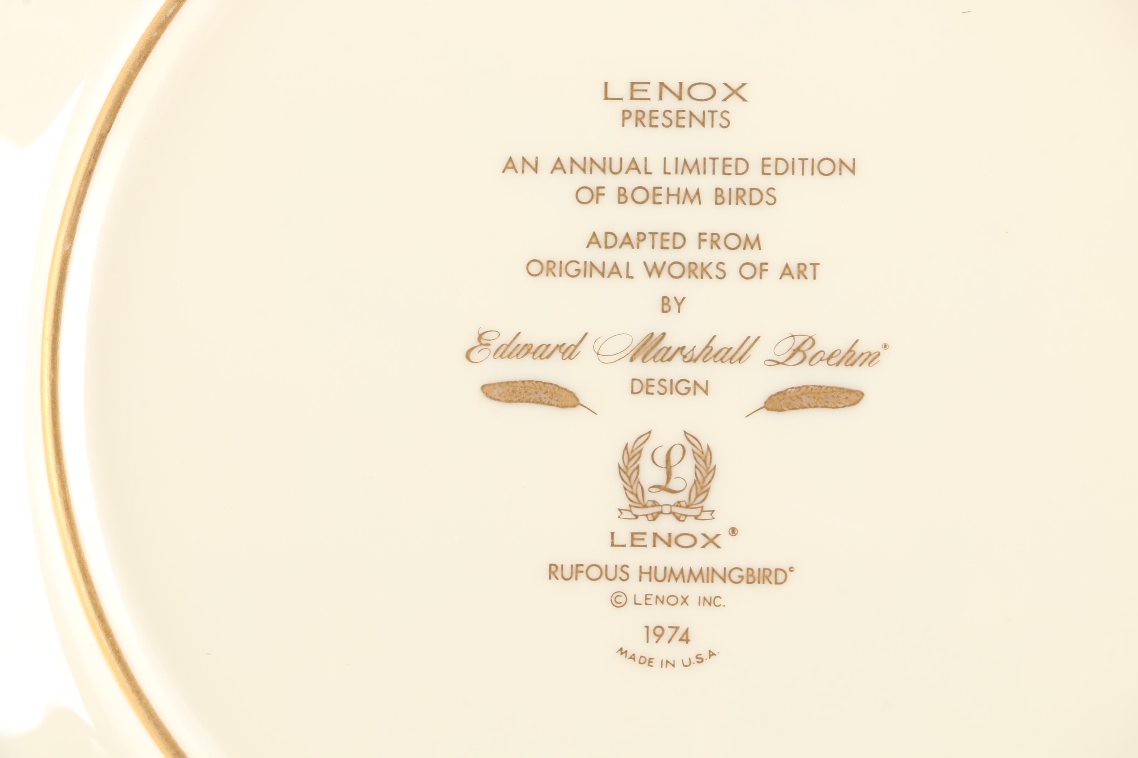 1974 Lenox Limited Edition Boehm Birds "Rufous Hummingbird" Collector Plate