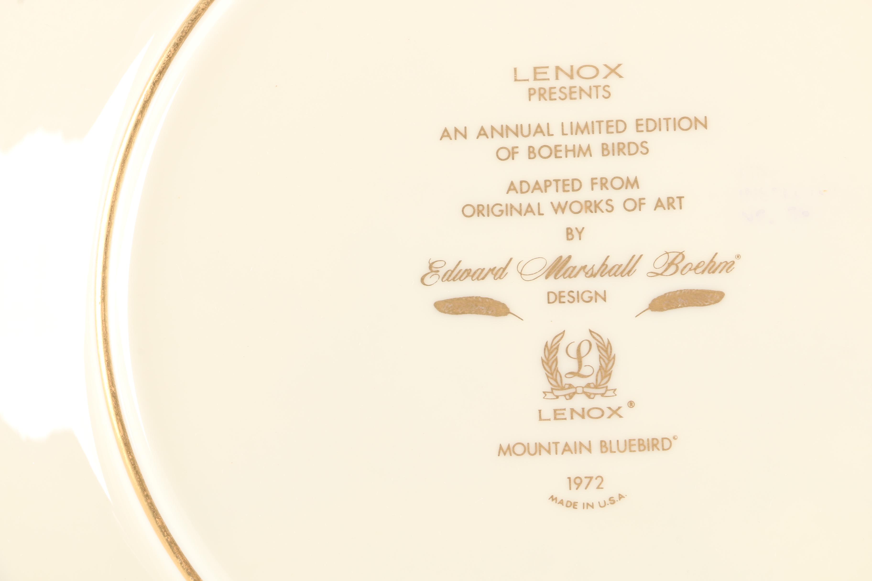 1972 Lenox Limited Edition Boehm Birds "Mountain Bluebird" Collector Plate