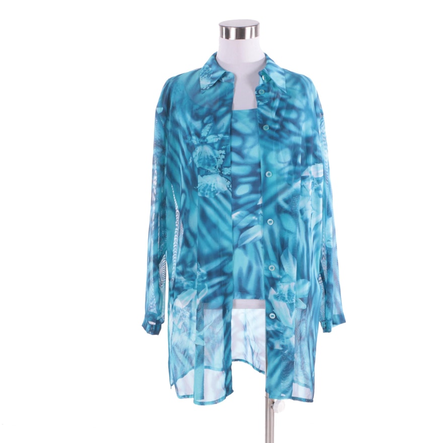 Women's Escada Blue Printed Button-Front Shirt with Matching Tank Top