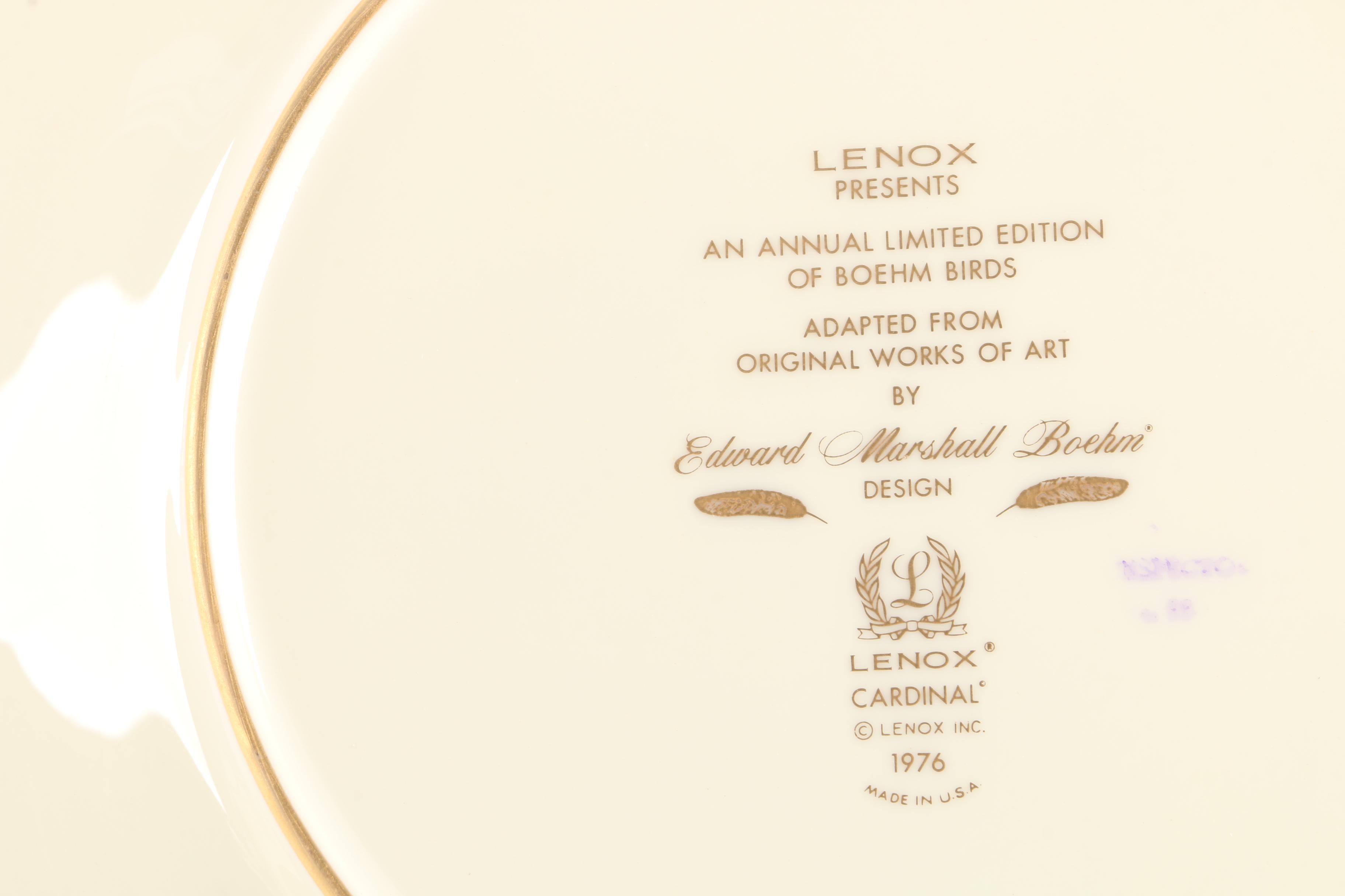 1976 Lenox Limited Edition Boehm Birds "Cardinal" Collector Plate