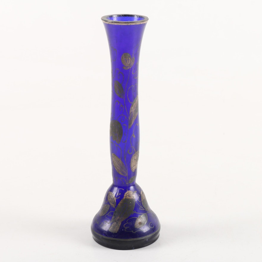 Vintage Cobalt Glass Vase with Silver-Toned Bird Motif Overlay