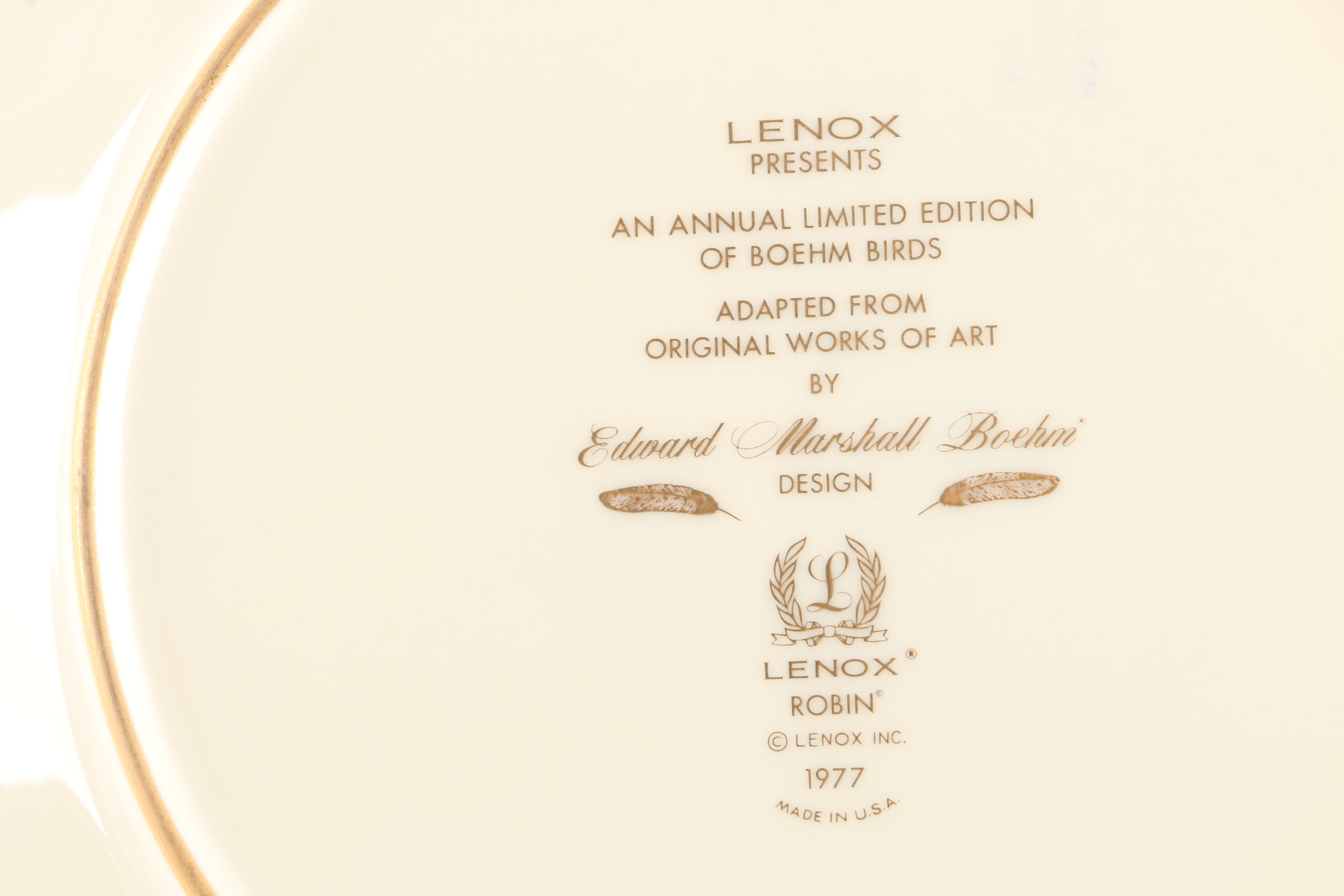 1977 Lenox Limited Edition Boehm Birds "Robin" Collector Plate