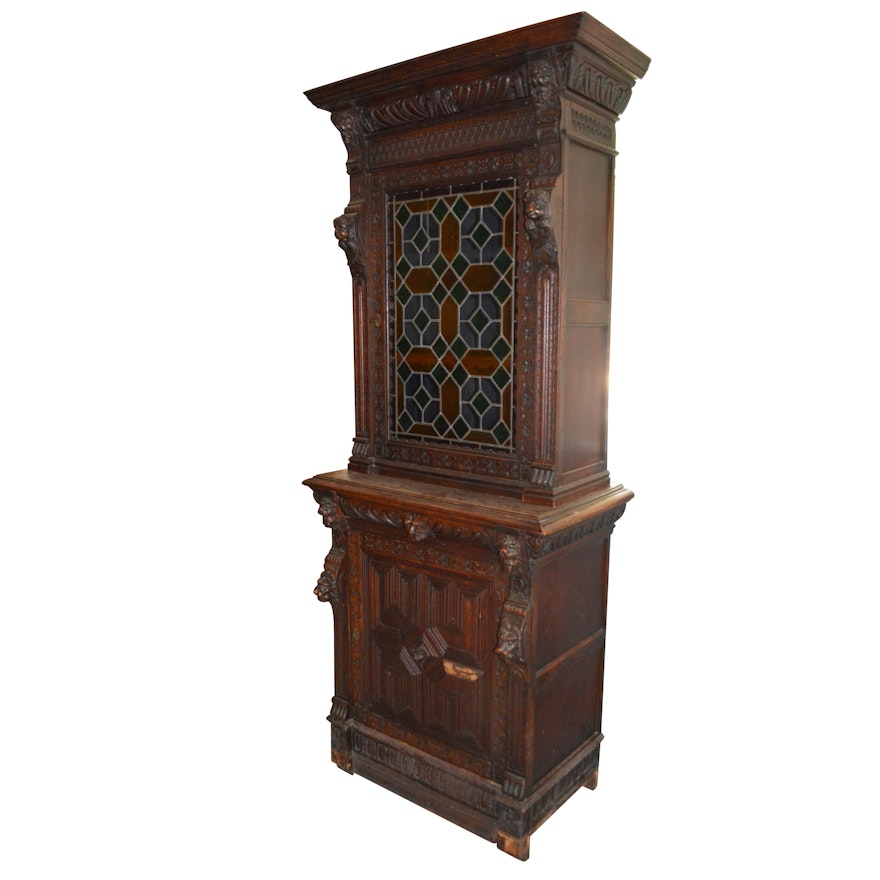 Antique Italian Renaissance Revival Oak Cabinet with Stained Glass